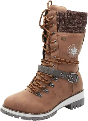 Lace Up Mid Calf Snow Boots for Women Square Heel Belt Boots Fleece Lined Warm Boots Flat Boots for Women
