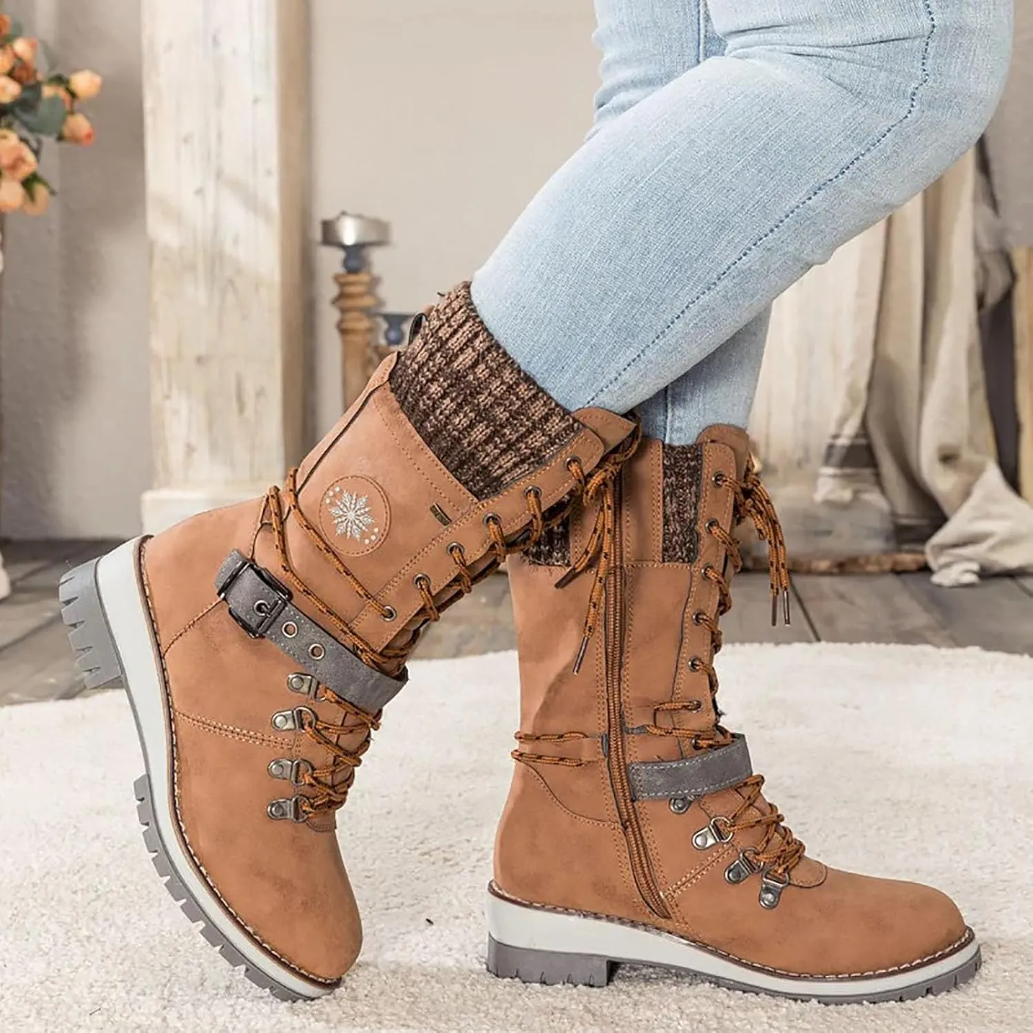 Lace Up Mid Calf Snow Boots for Women Square Heel Belt Boots Fleece Lined Warm Boots Flat Boots for Women