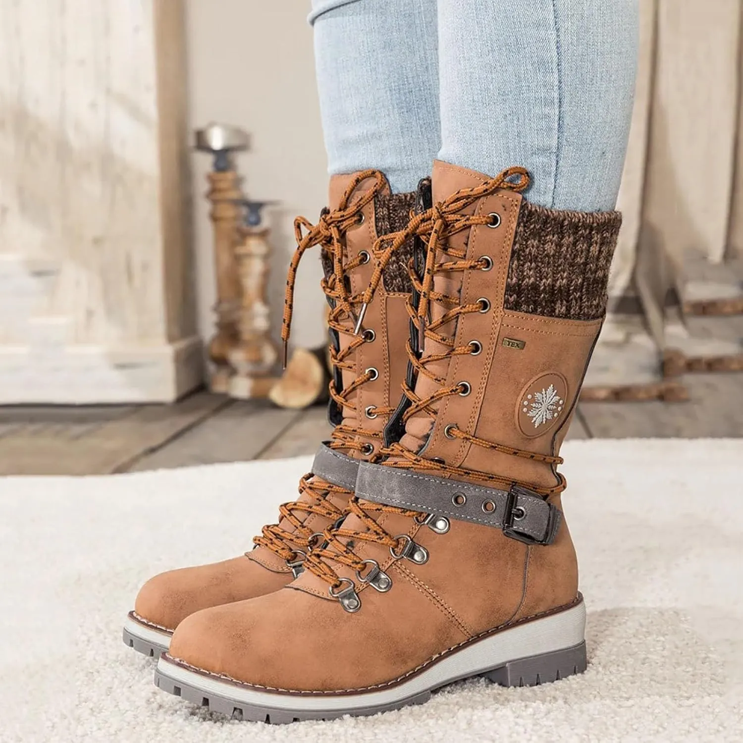 Lace Up Mid Calf Snow Boots for Women Square Heel Belt Boots Fleece Lined Warm Boots Flat Boots for Women