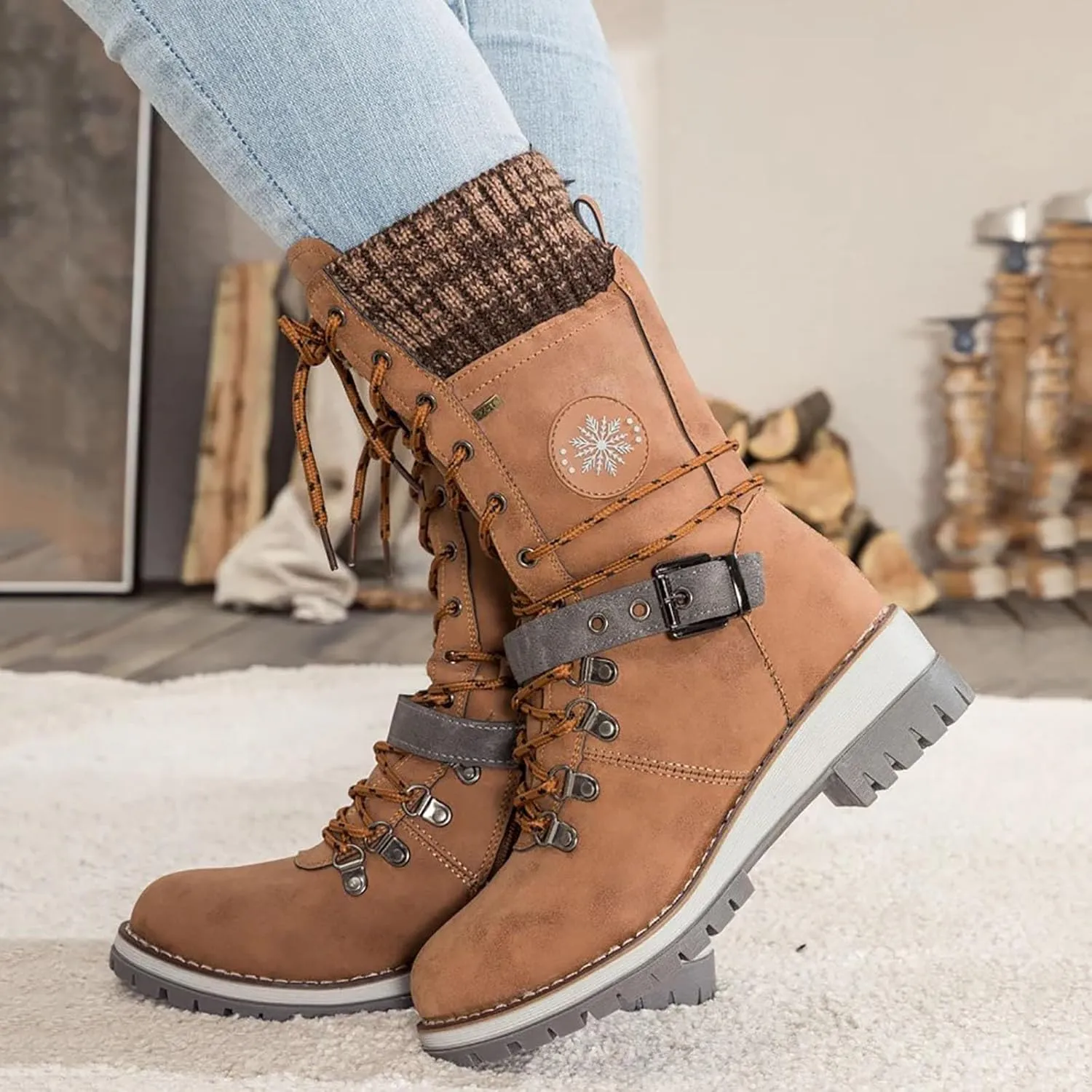 Lace Up Mid Calf Snow Boots for Women Square Heel Belt Boots Fleece Lined Warm Boots Flat Boots for Women