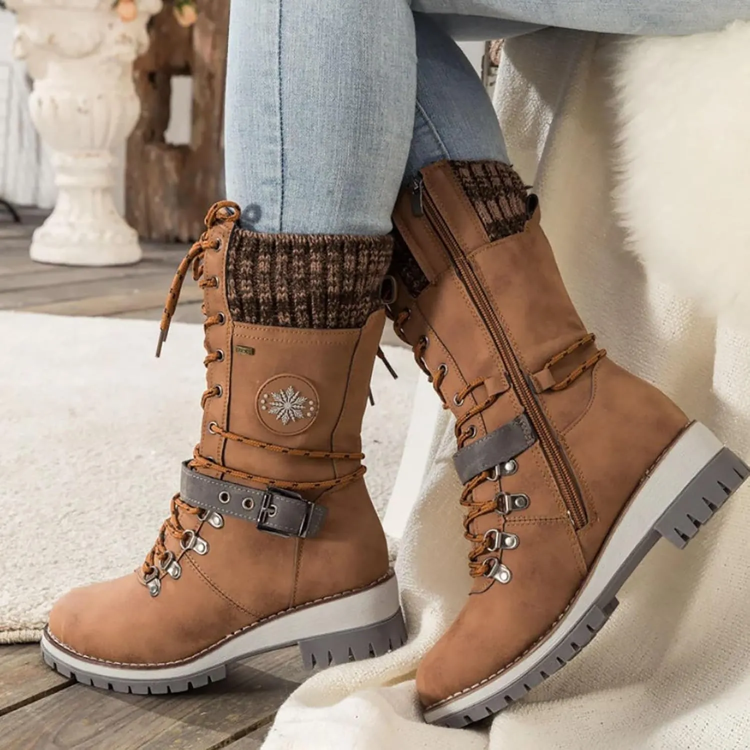 Lace Up Mid Calf Snow Boots for Women Square Heel Belt Boots Fleece Lined Warm Boots Flat Boots for Women