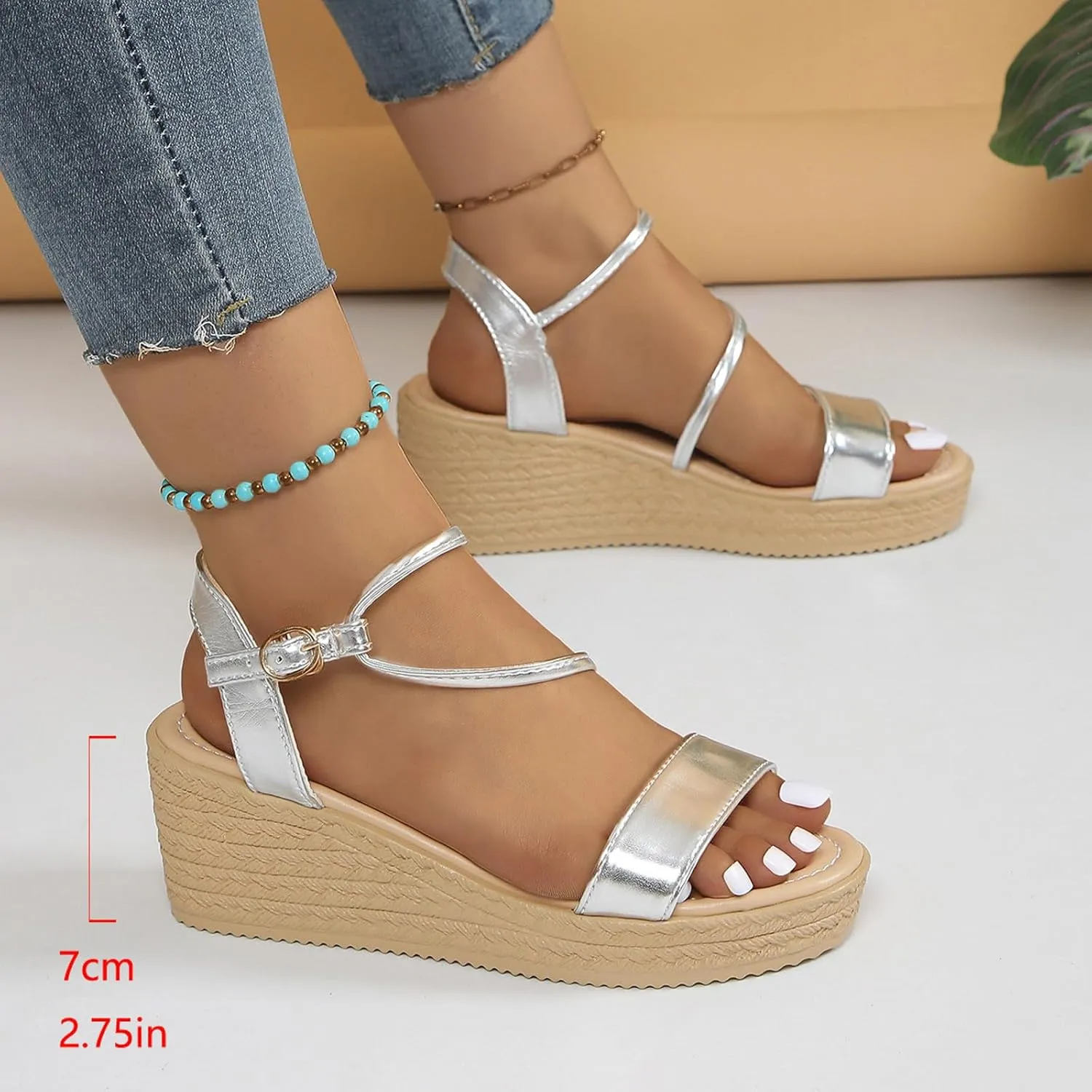 Ladies Summer Casual Shiny Leather Solid Colour Slope Heel Beach Large Size Sandals Arch Supports for Women