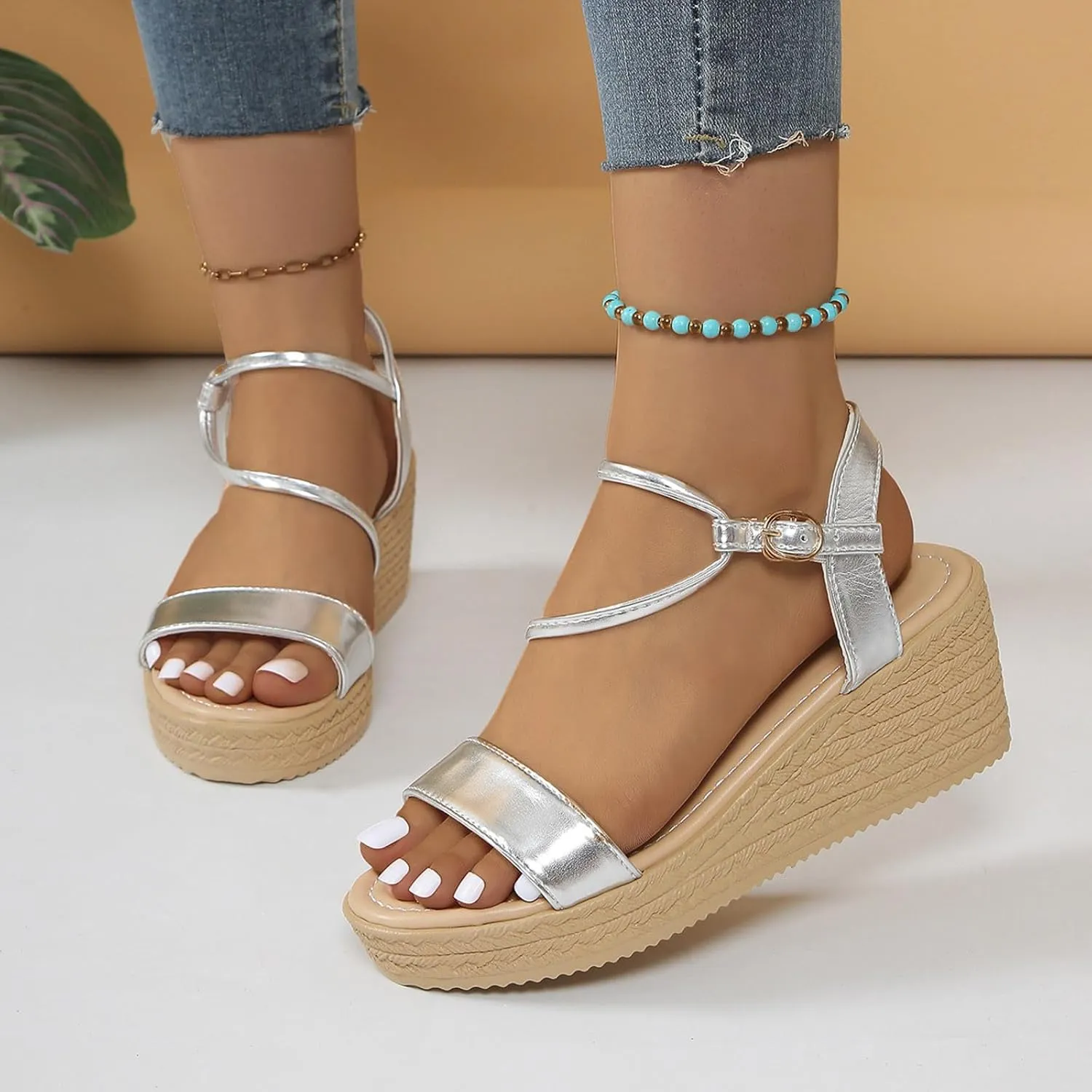 Ladies Summer Casual Shiny Leather Solid Colour Slope Heel Beach Large Size Sandals Arch Supports for Women