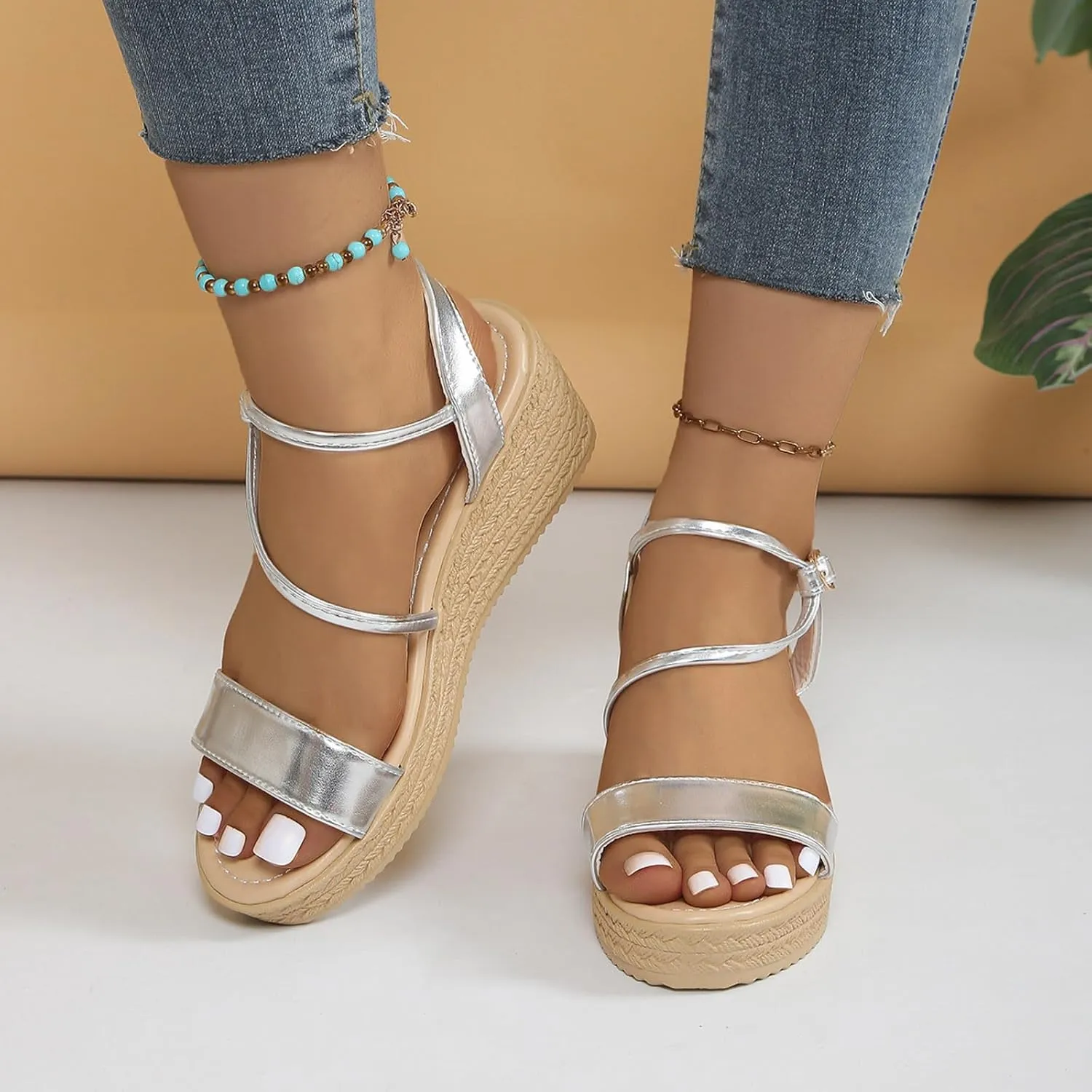 Ladies Summer Casual Shiny Leather Solid Colour Slope Heel Beach Large Size Sandals Arch Supports for Women