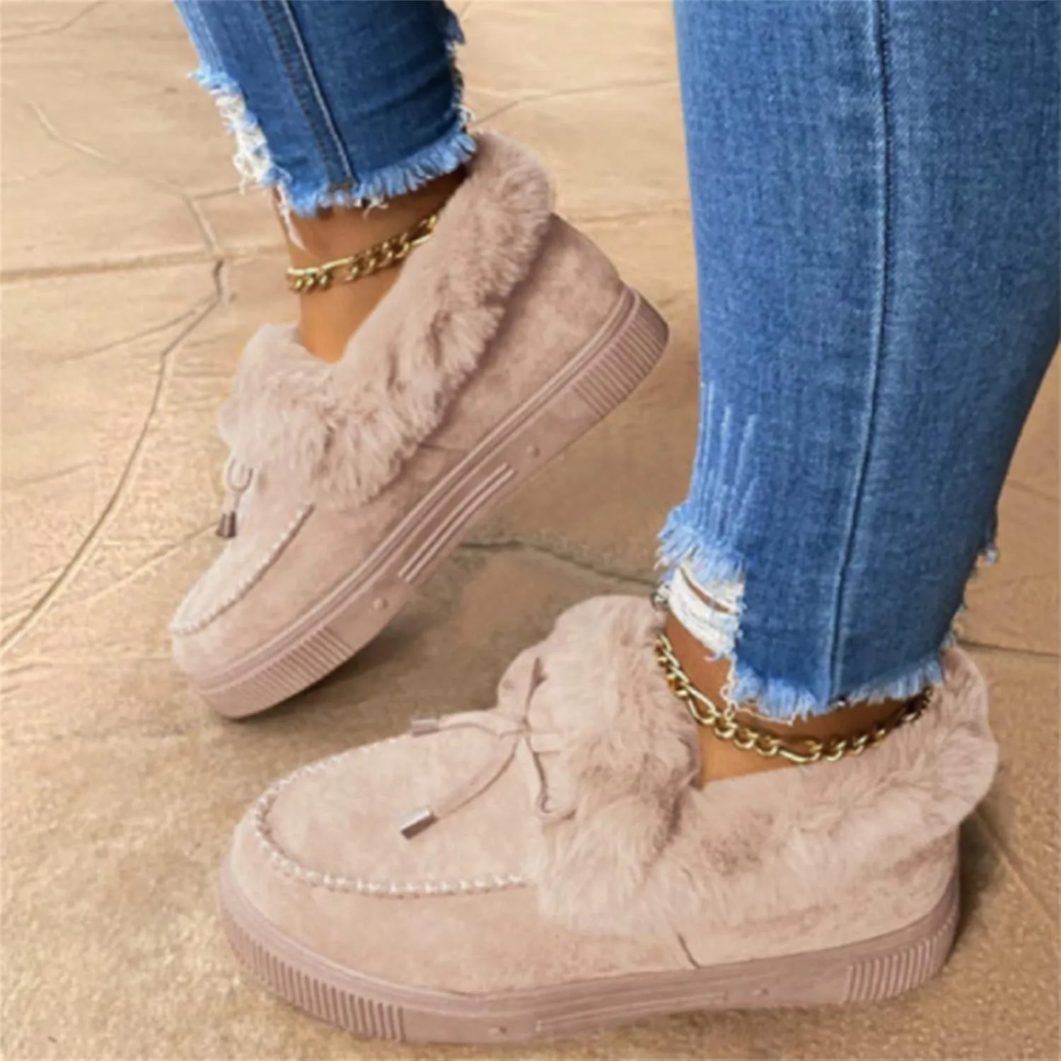 Ladmiple Boots for Women Ankle Booties with Fur Slip On Winter Snow Boots Warm Fashion Outdoor Comfortable Walking Shoes