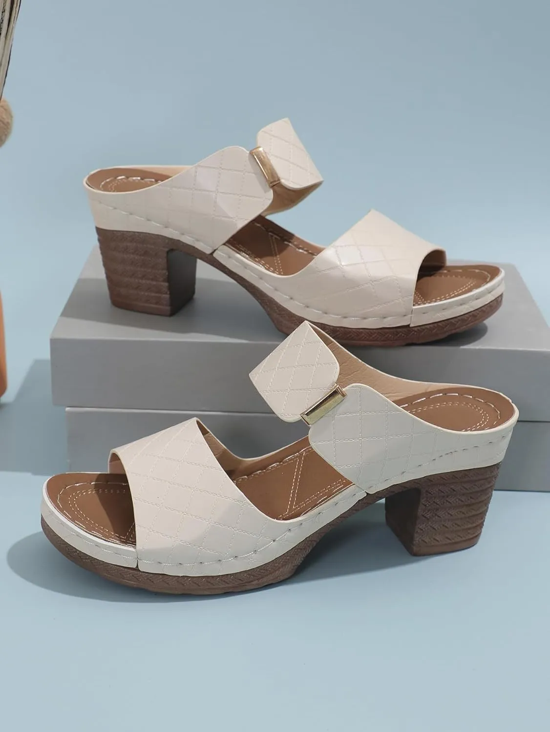 Ladmiple Chunky Heels For Women Backless Open Toe Ankle Strap Low Block Party Dress Pumps Shoes Comfortable Heeled Sandals