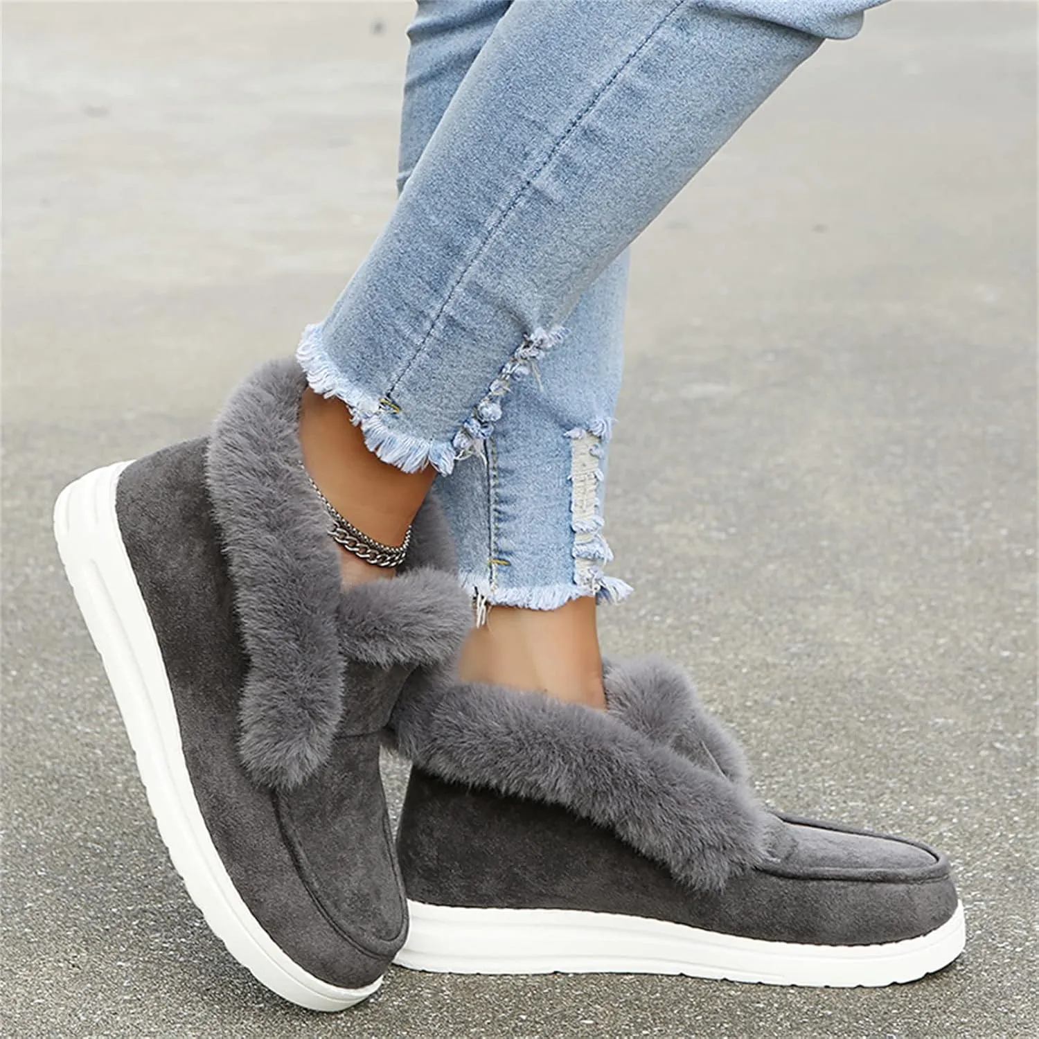 Ladmiple Snow Boots For Women Wide Faux Fur Lined Casual Slip-on Warm Loafers Shoes Winter Ankle Boots Outdoor Walking Shoes