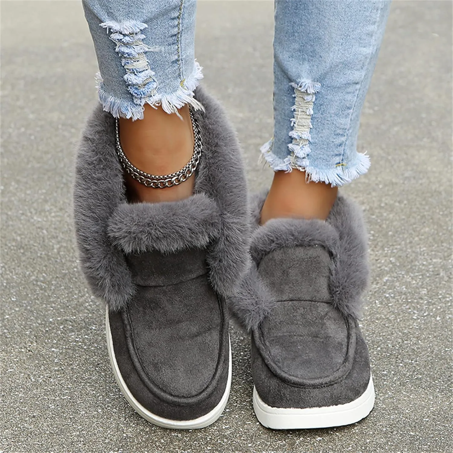 Ladmiple Snow Boots For Women Wide Faux Fur Lined Casual Slip-on Warm Loafers Shoes Winter Ankle Boots Outdoor Walking Shoes
