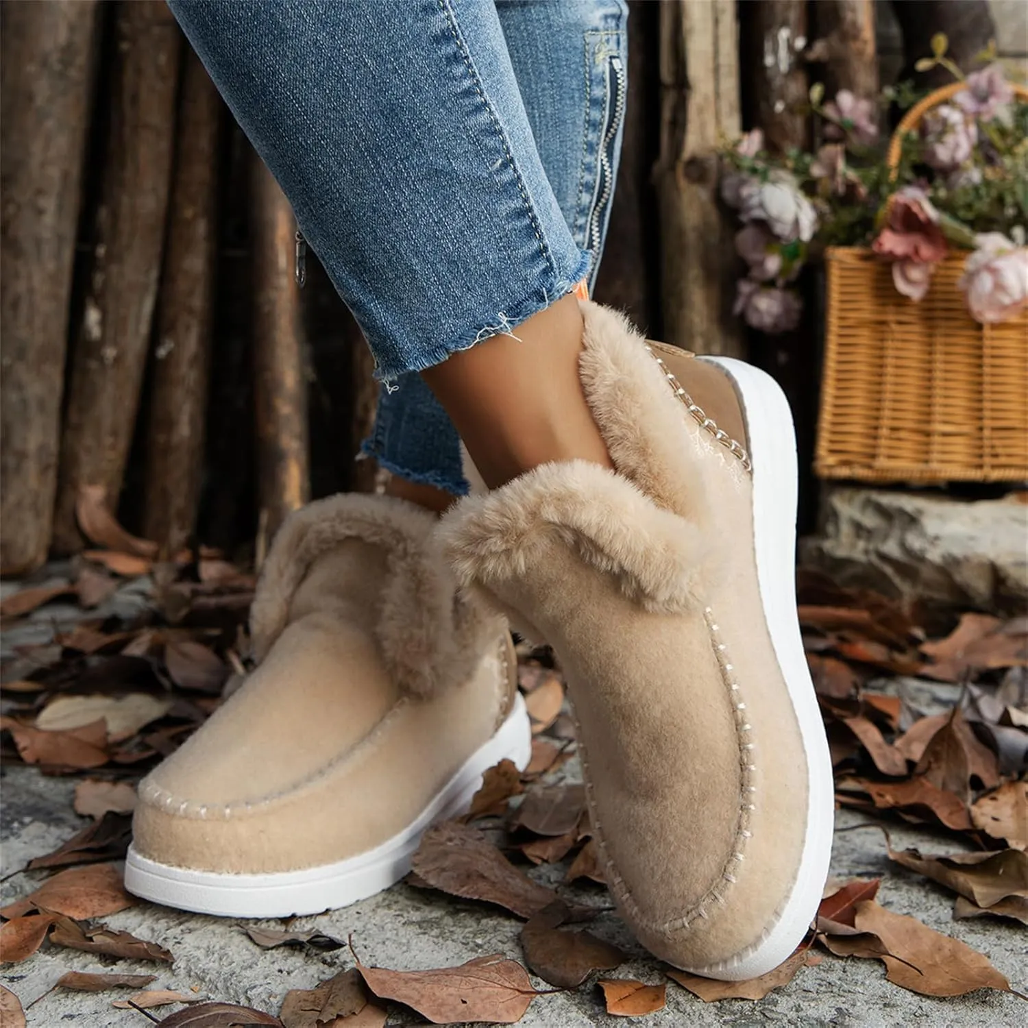 Ladmiple Winter Boots For Women 2024 Dressy Snow Boots Warm Fur Lined Anti-Slip Ankle Booties Slip On Warm Loafers Shoes