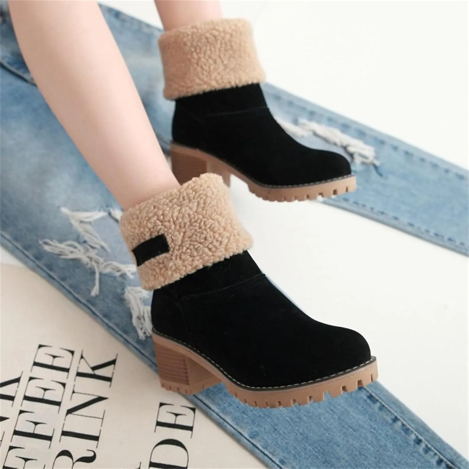 Ladmiple Winter Boots For Women Fashion Snow Boots Warm Fur Lined Ankle Booties Slip on Outdoor Walking Mid Calf Boots 2024