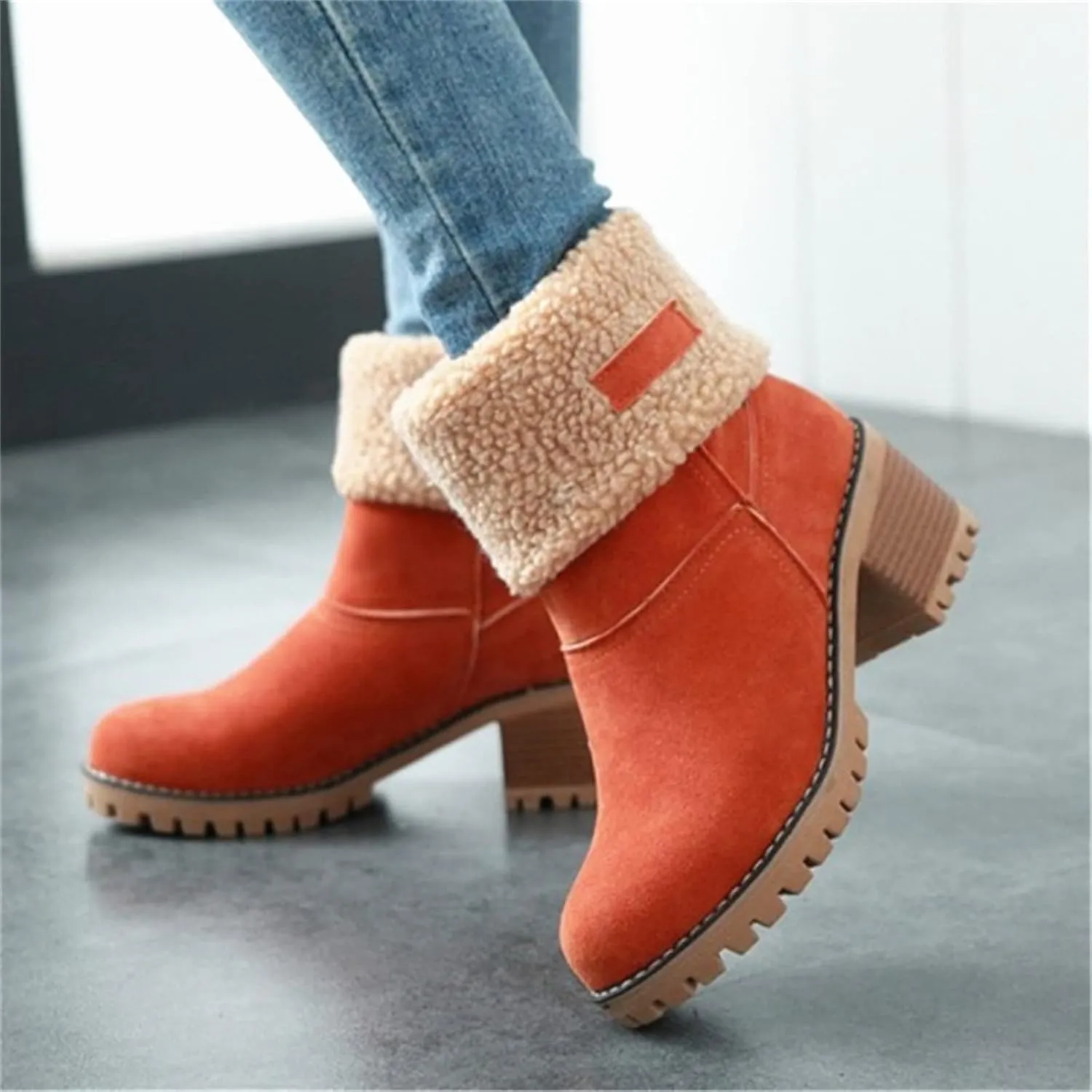 Ladmiple Winter Boots For Women Fashion Warm Faux Fur Lined Mid Calf Snow Boots Comfortable Walking Slip On Ankle Booties
