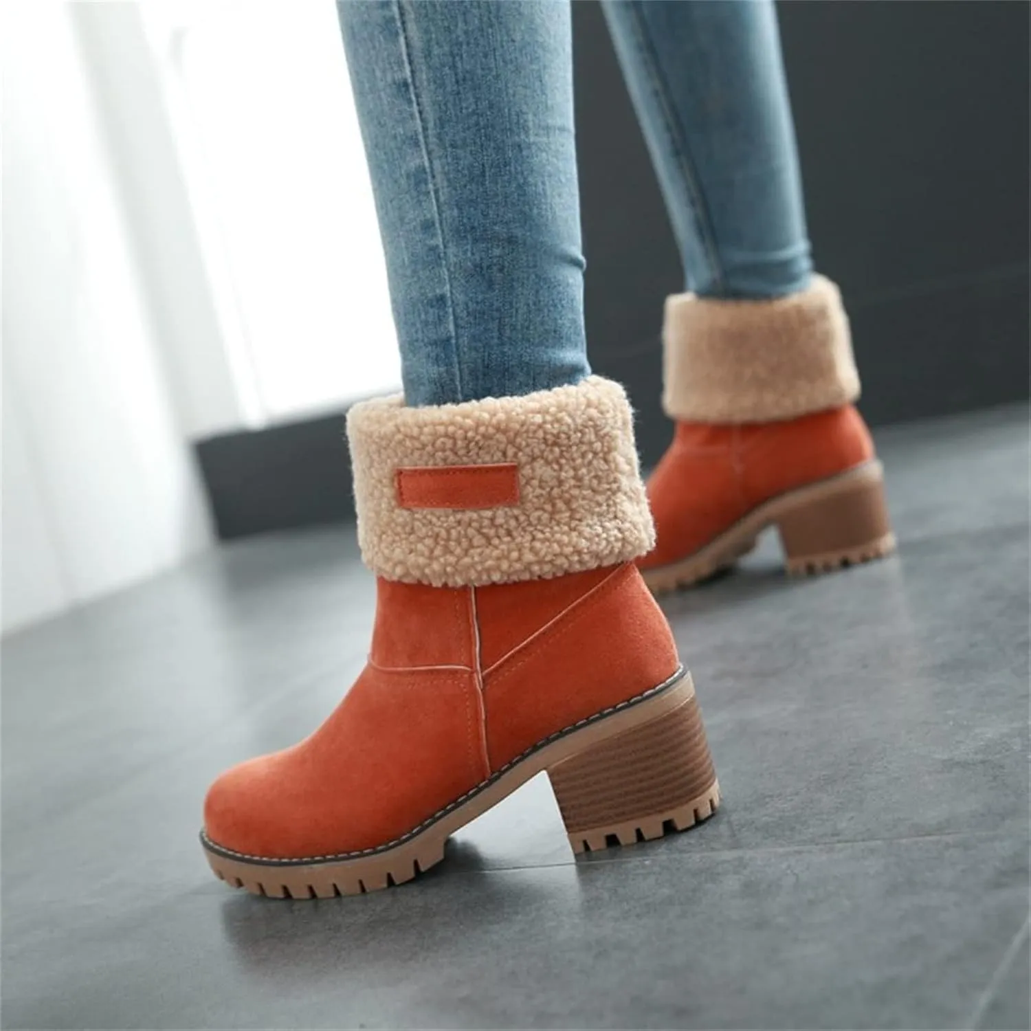 Ladmiple Winter Boots For Women Fashion Warm Faux Fur Lined Mid Calf Snow Boots Comfortable Walking Slip On Ankle Booties