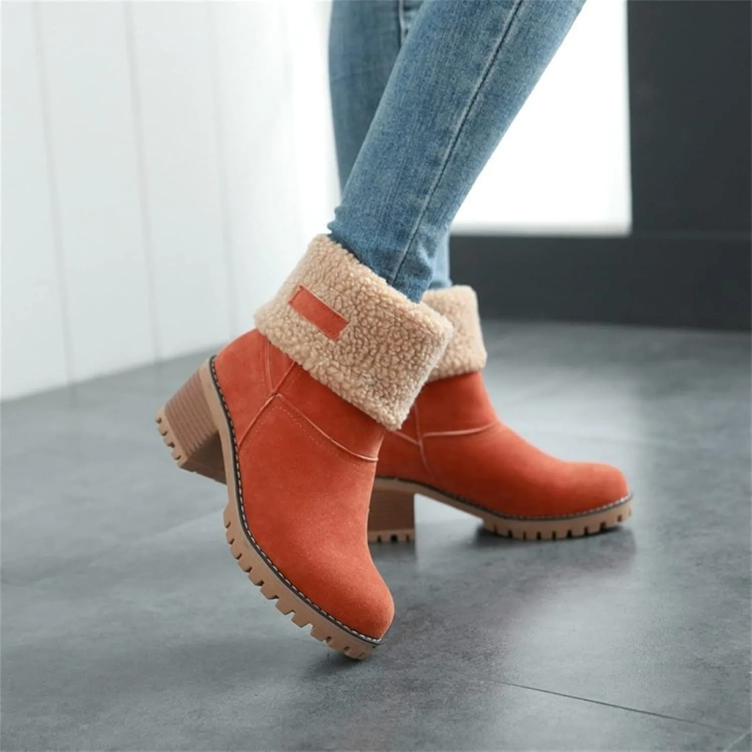 Ladmiple Winter Boots For Women Fashion Warm Faux Fur Lined Mid Calf Snow Boots Comfortable Walking Slip On Ankle Booties