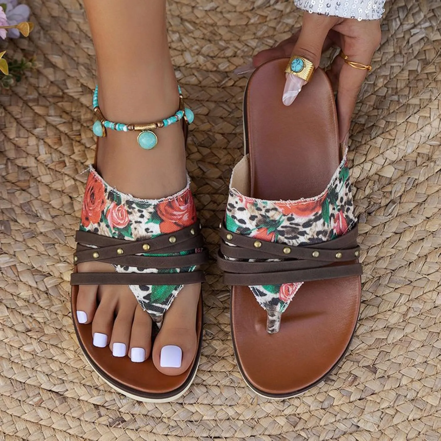 Large Size Flat Flower Flip Flops Women's Outer Wear Printed Beach Sandals Lady Comfort plus Shoes for Women Sandals