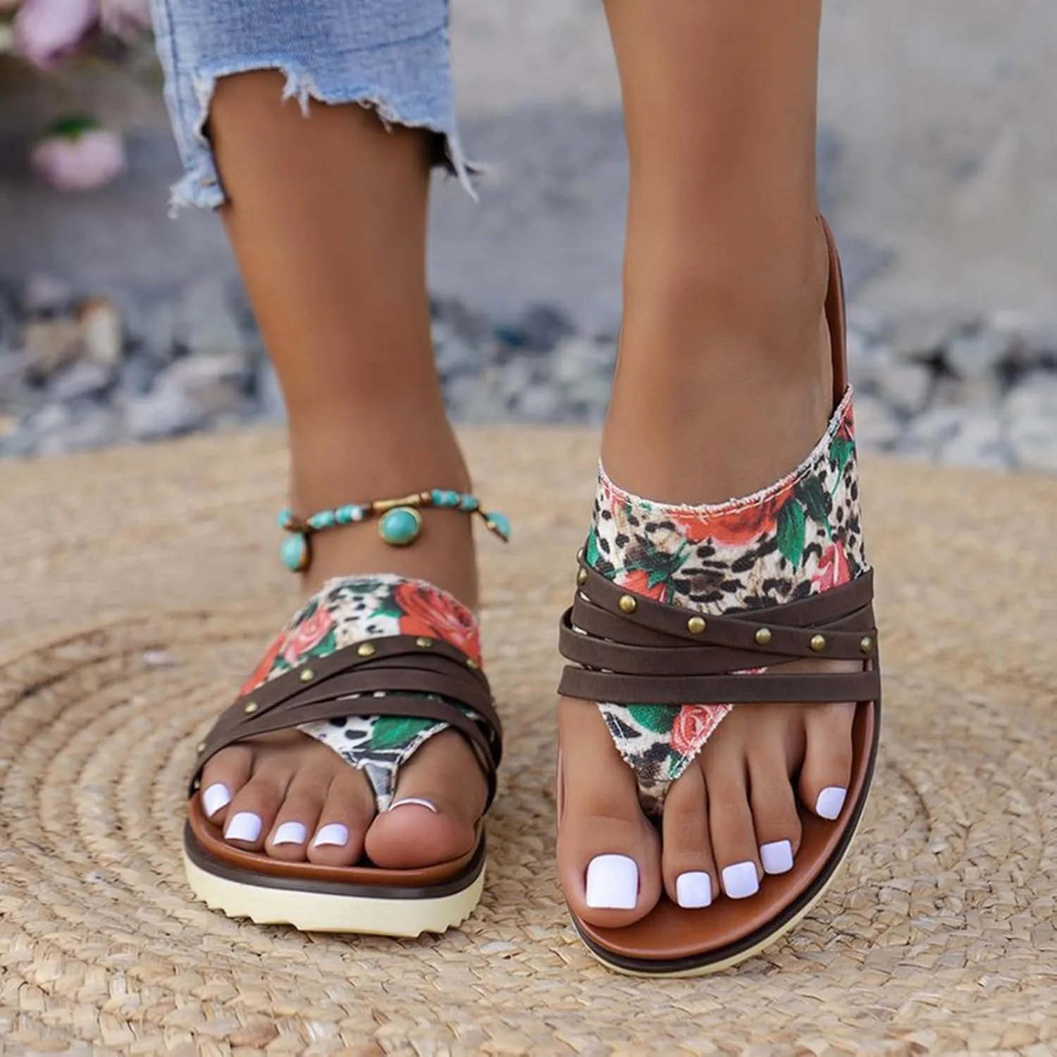 Large Size Flat Flower Flip Flops Women's Outer Wear Printed Beach Sandals Lady Sandals Women Big Size Flat Sandal Shoes