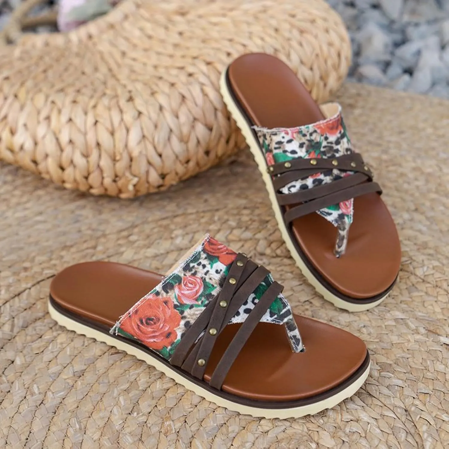 Large Size Flat Flower Flip Flops Women's Outer Wear Printed Beach Sandals Lady Sandals Women Big Size Flat Sandal Shoes