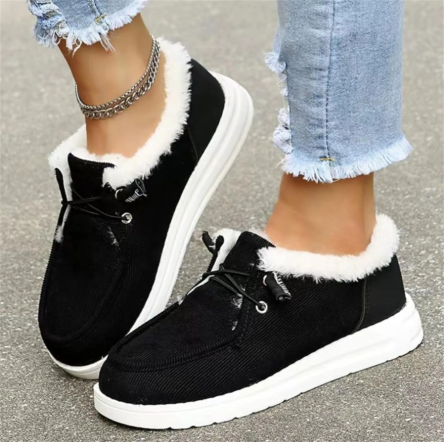 Lausiuoe Snow Boots For Women Cute Wide Calf Ankle Booties Slip On Comfort Winter Fuzzy Fashion Casual Walking Shoes Loafers
