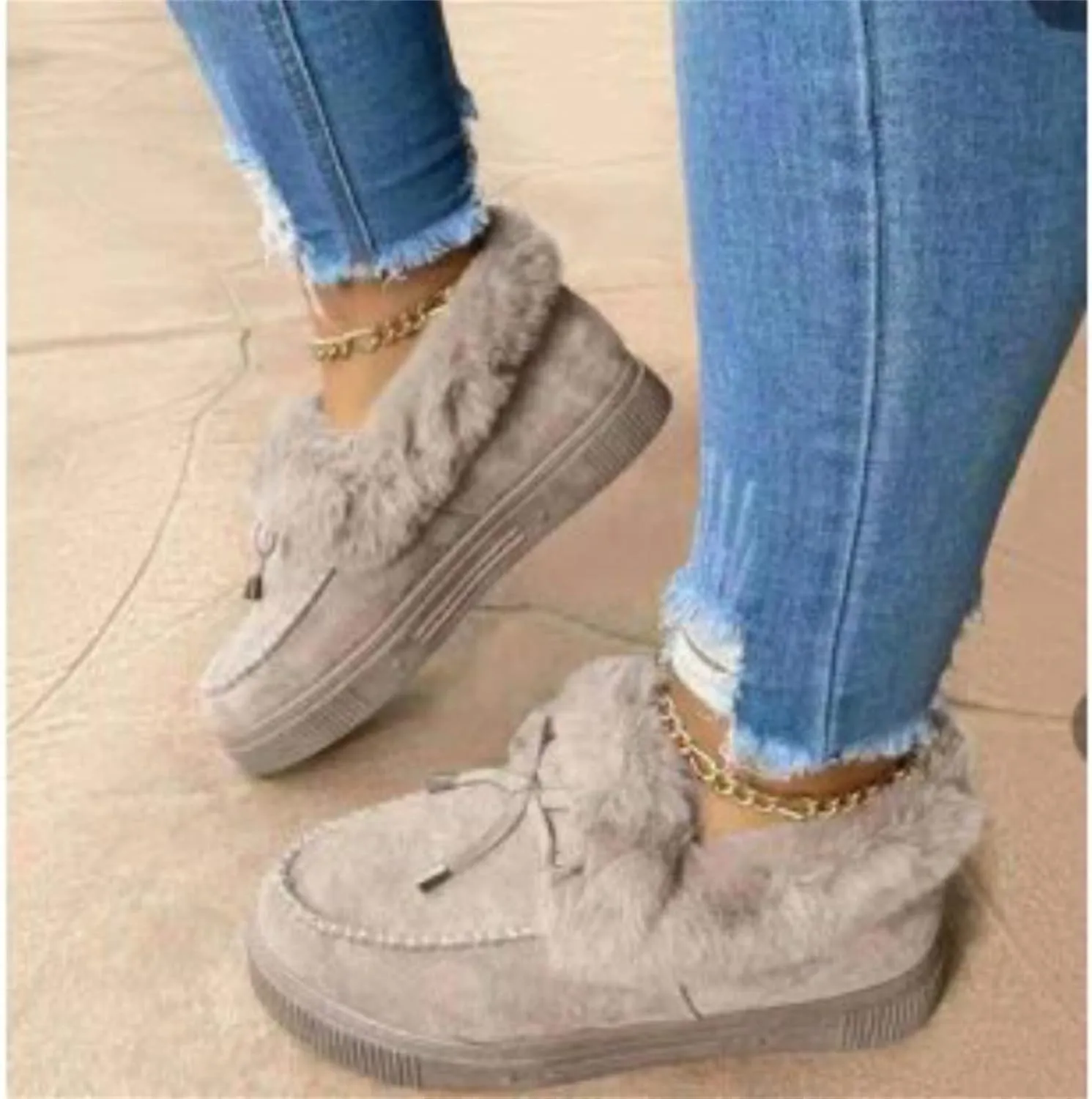 Lausiuoe Winter Boots For Women 2022 Trendy Fuzzy Booties Warm Fluffy Silp On Comfortable Casual Ankle Boots Loafers