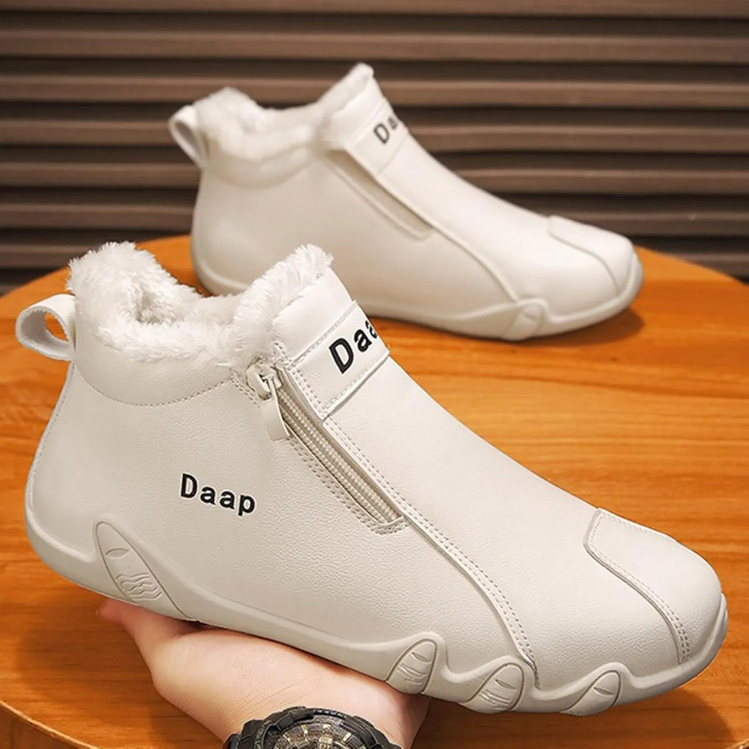 Leather Furry Boots for Men Fleece Lined Warm Winter Boots Water Proof Insulated Boots Soft Flat Soled Boots