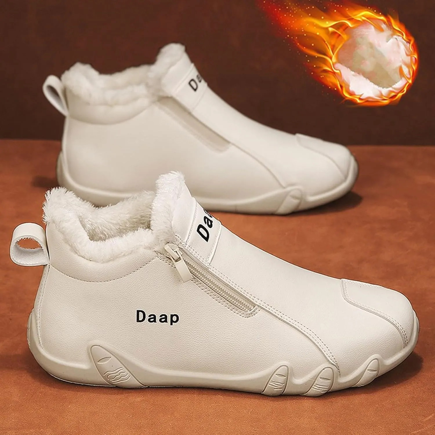 Leather Furry Boots for Men Fleece Lined Warm Winter Boots Water Proof Insulated Boots Soft Flat Soled Boots