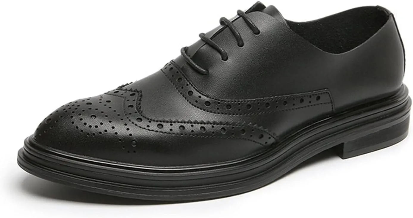 Leather Men Retro Men Brogues Genuine Leather Dress Shoes Handmade Wedding Shoes for Men Round Toe Slip Low Top Breathable Casual Tuxedo Leather Shoes