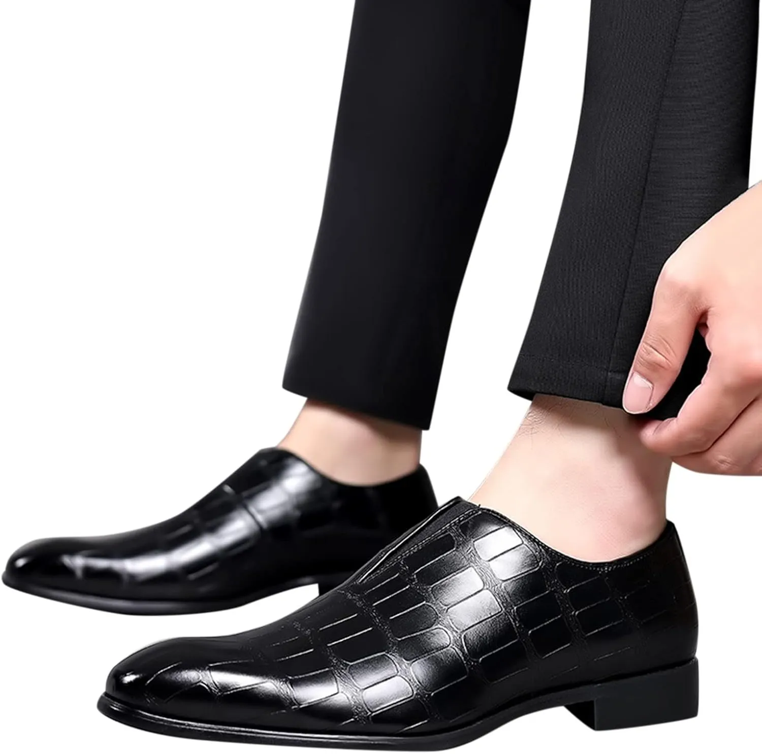 Leather Shoes Formal Classical Style Shoes for Men Slip On PU Leather Low Rubber Sole Block Heel Work Mens Leather Shoe (Black, 13.5)