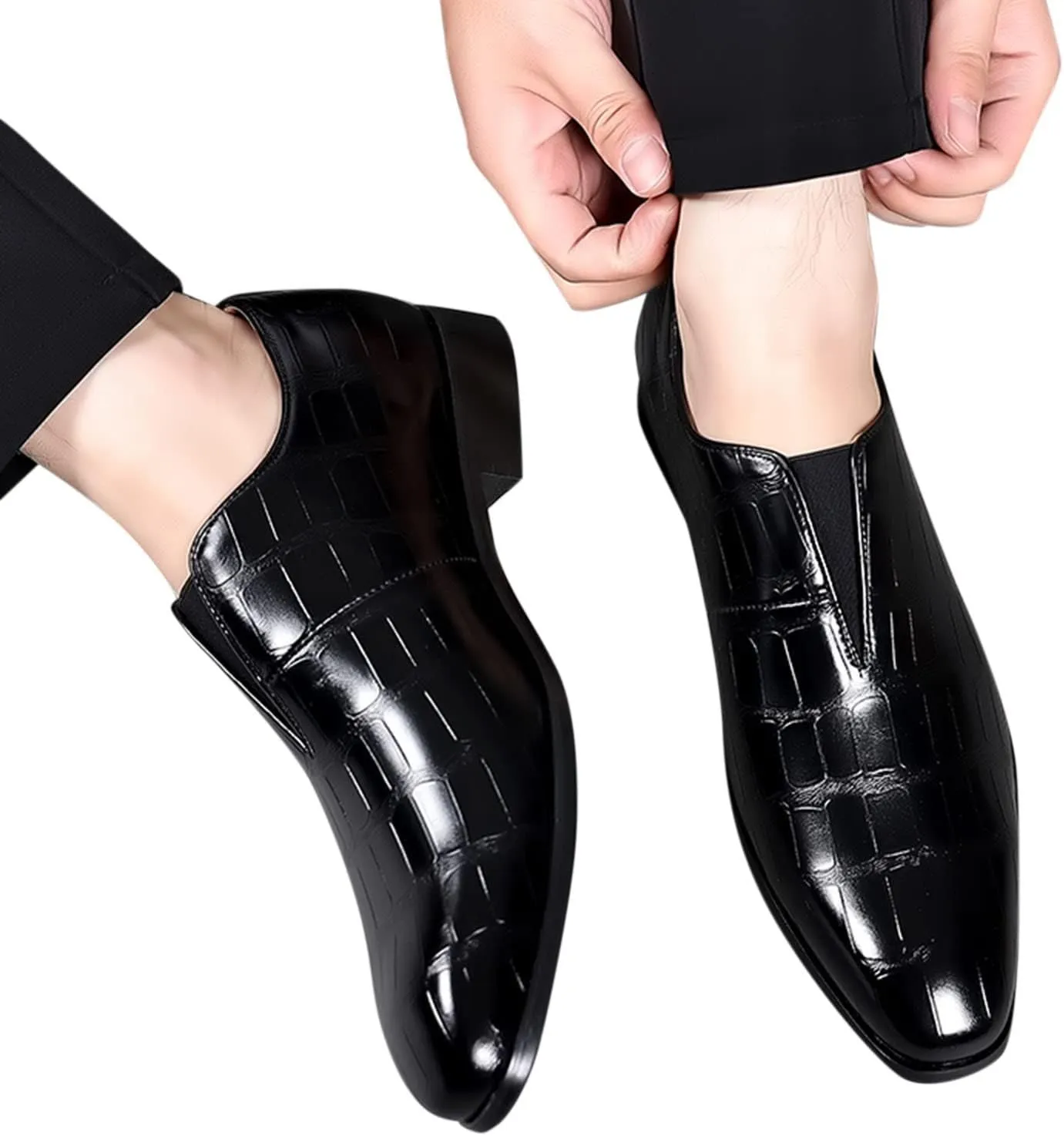 Leather Shoes Formal Classical Style Shoes for Men Slip On PU Leather Low Rubber Sole Block Heel Work Mens Leather Shoe (Black, 13.5)