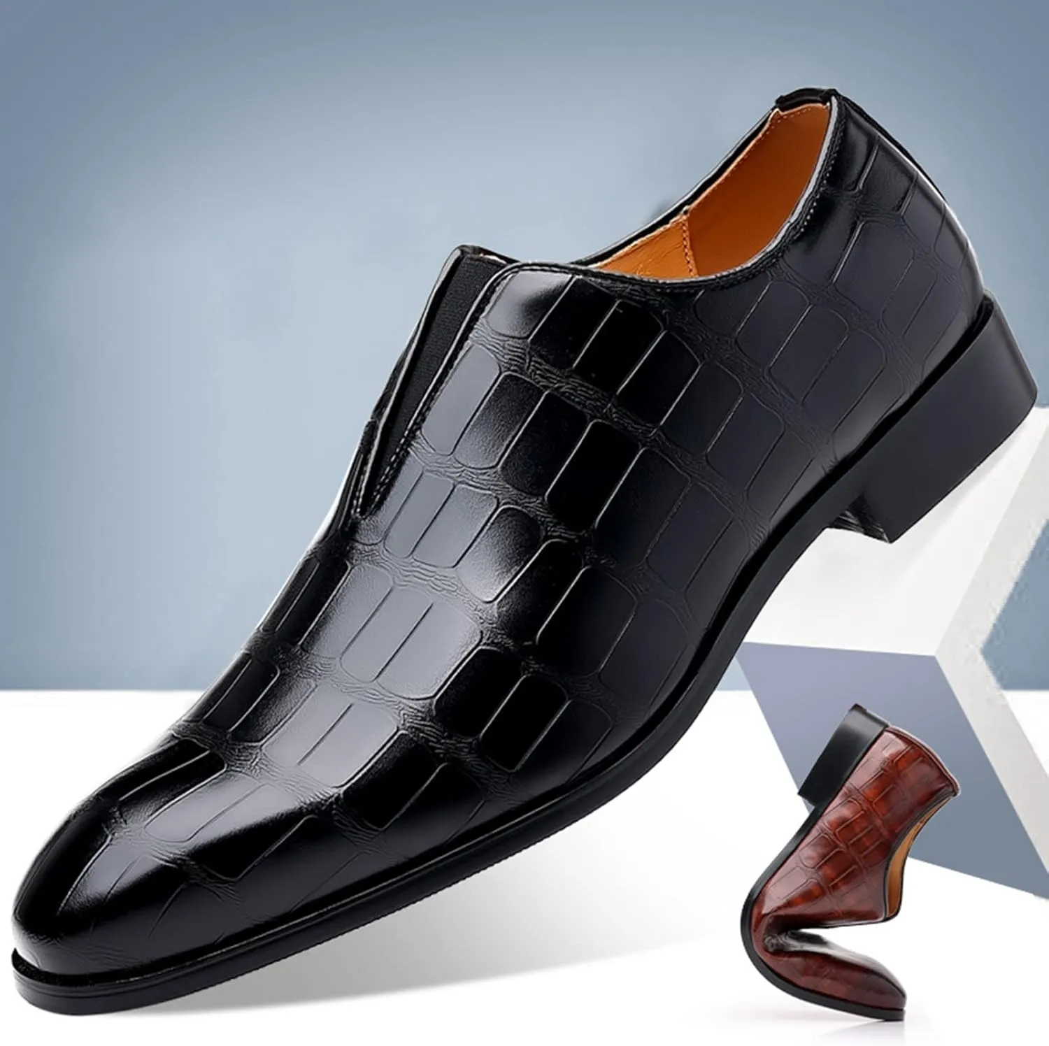 Leather Shoes Formal Classical Style Shoes for Men Slip On PU Leather Low Rubber Sole Block Heel Work Mens Leather Shoe (Black, 13.5)