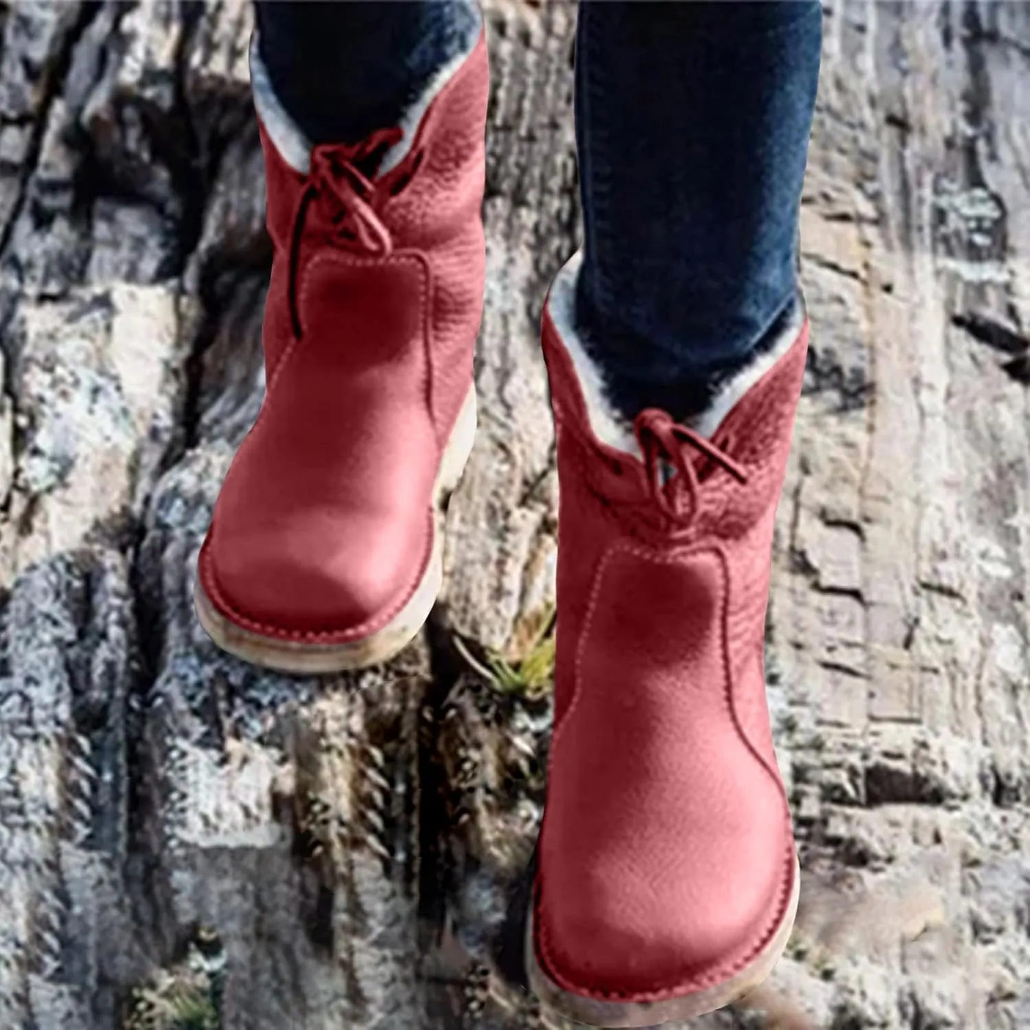 Leather Water Proof Insulated Boots for Women Fashionable Solid Mid Calf Boots Fleece Lined Warm Snow Boots