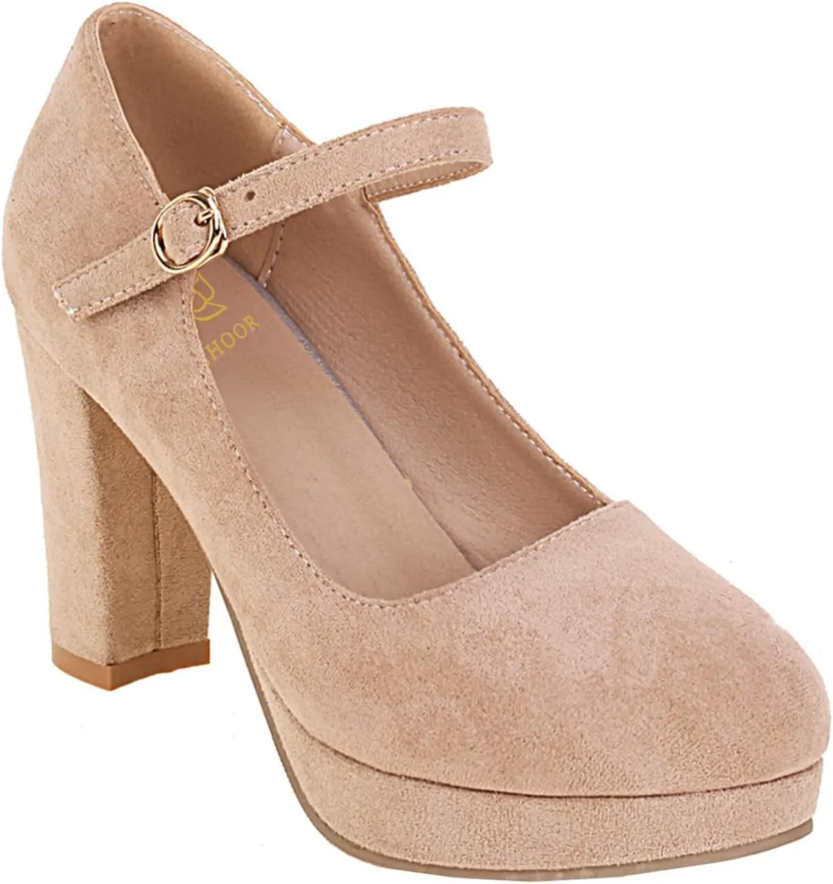 LEHOOR Women Chunky High Heel Mary Jane Shoes Platform Ankle Buckle Strap 3" Heel Round Toe Suede Pumps Wedding Bridal Dress Shoes Block Heel Closed Toe Sandals Ladies Girls Office Cute Fall 4-12 M US