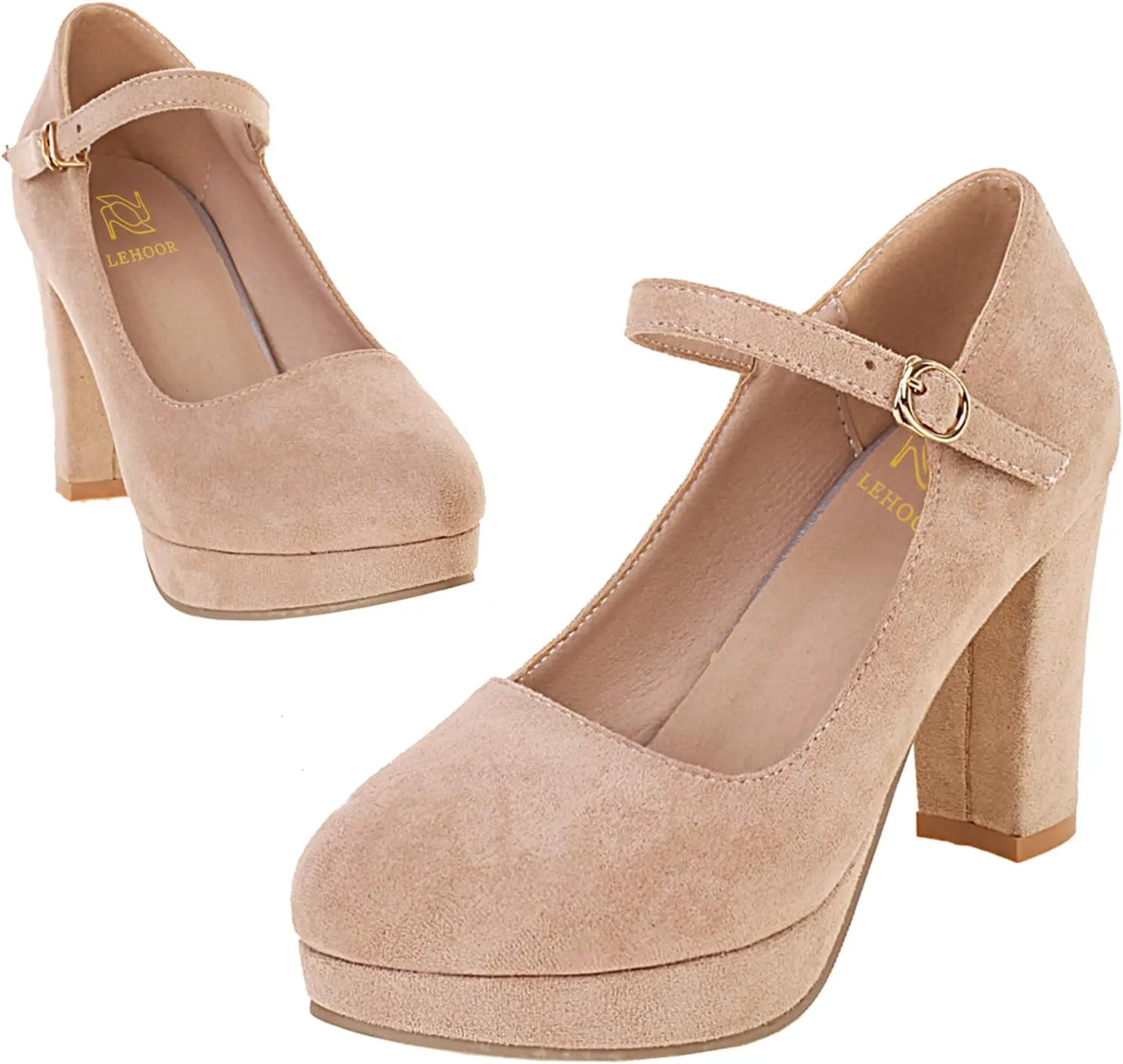 LEHOOR Women Chunky High Heel Mary Jane Shoes Platform Ankle Buckle Strap 3" Heel Round Toe Suede Pumps Wedding Bridal Dress Shoes Block Heel Closed Toe Sandals Ladies Girls Office Cute Fall 4-12 M US