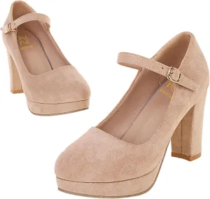 LEHOOR Women Chunky High Heel Mary Jane Shoes Platform Ankle Buckle Strap 3" Heel Round Toe Suede Pumps Wedding Bridal Dress Shoes Block Heel Closed Toe Sandals Ladies Girls Office Cute Fall 4-12 M US