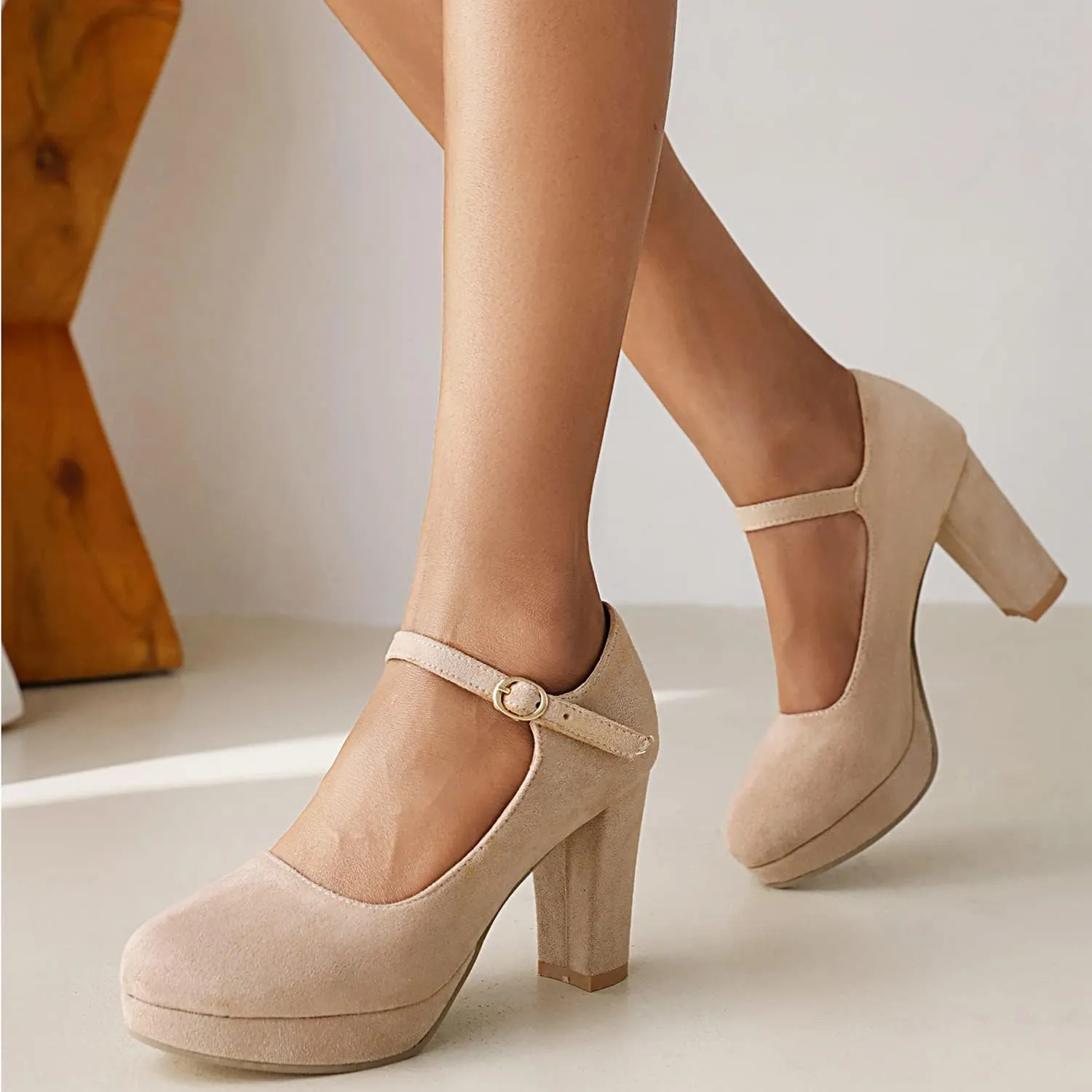 LEHOOR Women Chunky High Heel Mary Jane Shoes Platform Ankle Buckle Strap 3" Heel Round Toe Suede Pumps Wedding Bridal Dress Shoes Block Heel Closed Toe Sandals Ladies Girls Office Cute Fall 4-12 M US