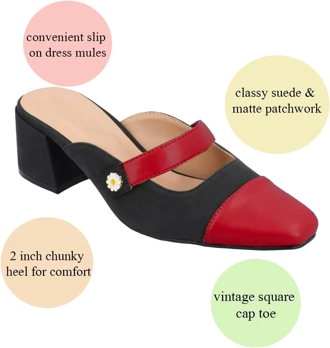 LEHOOR Women Low Chunky Heel Mules Closed Square Toe Two-Toned Dress Sandals Slip On 2 Inch Heels Slide Shoes Flower-Buckle Strap Backless Slippers Suede Matte Patchwork Comfort Office Daily 4-11 M US