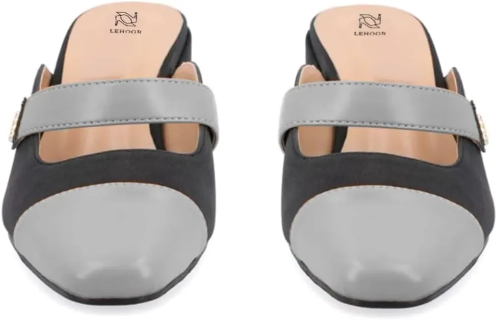 LEHOOR Women Low Chunky Heel Mules Closed Square Toe Two-Toned Dress Sandals Slip On 2 Inch Heels Slide Shoes Flower-Buckle Strap Backless Slippers Suede Matte Patchwork Comfort Office Daily 4-11 M US