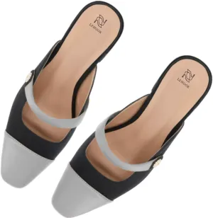 LEHOOR Women Low Chunky Heel Mules Closed Square Toe Two-Toned Dress Sandals Slip On 2 Inch Heels Slide Shoes Flower-Buckle Strap Backless Slippers Suede Matte Patchwork Comfort Office Daily 4-11 M US