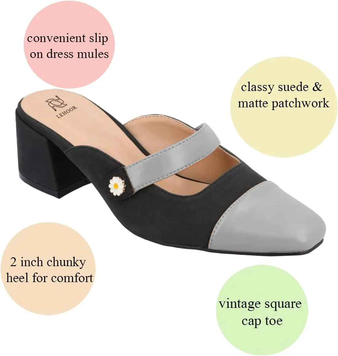 LEHOOR Women Low Chunky Heel Mules Closed Square Toe Two-Toned Dress Sandals Slip On 2 Inch Heels Slide Shoes Flower-Buckle Strap Backless Slippers Suede Matte Patchwork Comfort Office Daily 4-11 M US