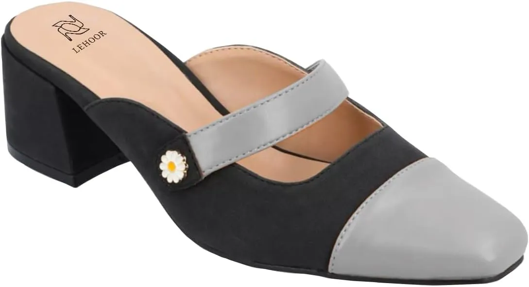 LEHOOR Women Low Chunky Heel Mules Closed Square Toe Two-Toned Dress Sandals Slip On 2 Inch Heels Slide Shoes Flower-Buckle Strap Backless Slippers Suede Matte Patchwork Comfort Office Daily 4-11 M US