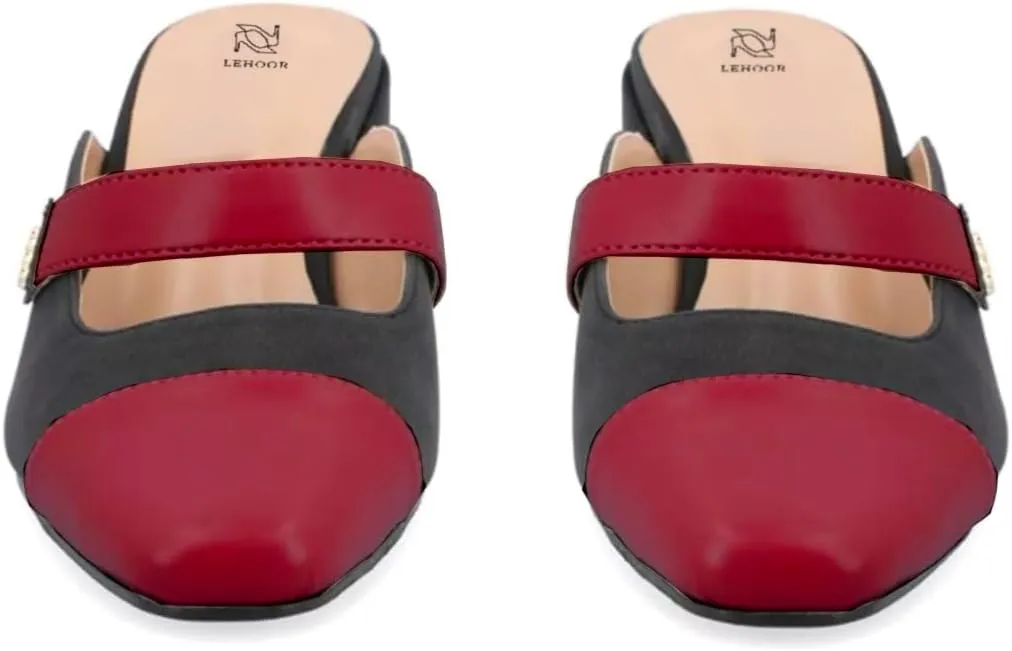 LEHOOR Women Low Chunky Heel Mules Closed Square Toe Two-Toned Dress Sandals Slip On 2 Inch Heels Slide Shoes Flower-Buckle Strap Backless Slippers Suede Matte Patchwork Comfort Office Daily 4-11 M US