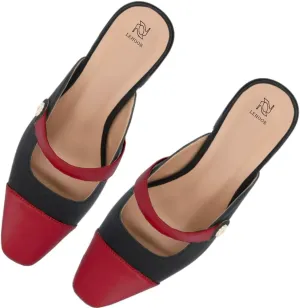 LEHOOR Women Low Chunky Heel Mules Closed Square Toe Two-Toned Dress Sandals Slip On 2 Inch Heels Slide Shoes Flower-Buckle Strap Backless Slippers Suede Matte Patchwork Comfort Office Daily 4-11 M US