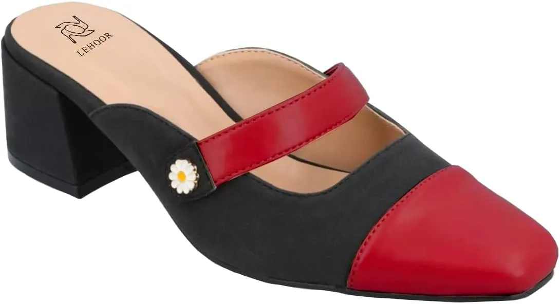 LEHOOR Women Low Chunky Heel Mules Closed Square Toe Two-Toned Dress Sandals Slip On 2 Inch Heels Slide Shoes Flower-Buckle Strap Backless Slippers Suede Matte Patchwork Comfort Office Daily 4-11 M US