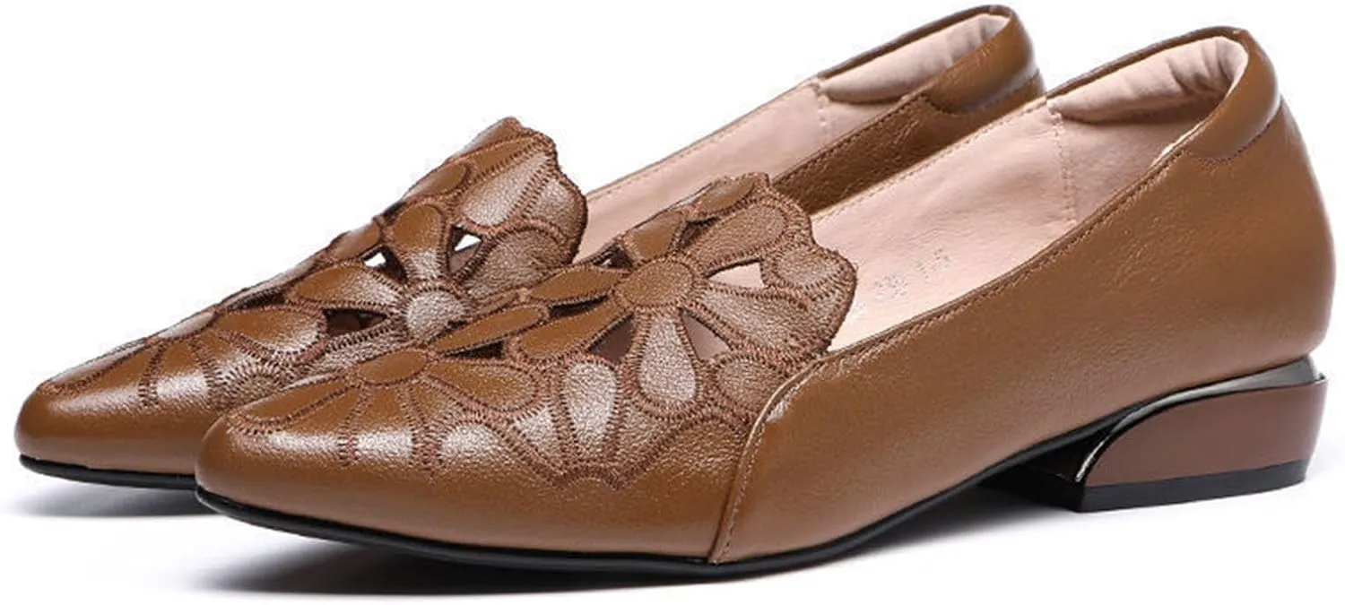Loafers for Women Low Chunky Heels Slip On Business Casual Shoes Flower Hollow Pointed Toe Flats for Driving Dressy