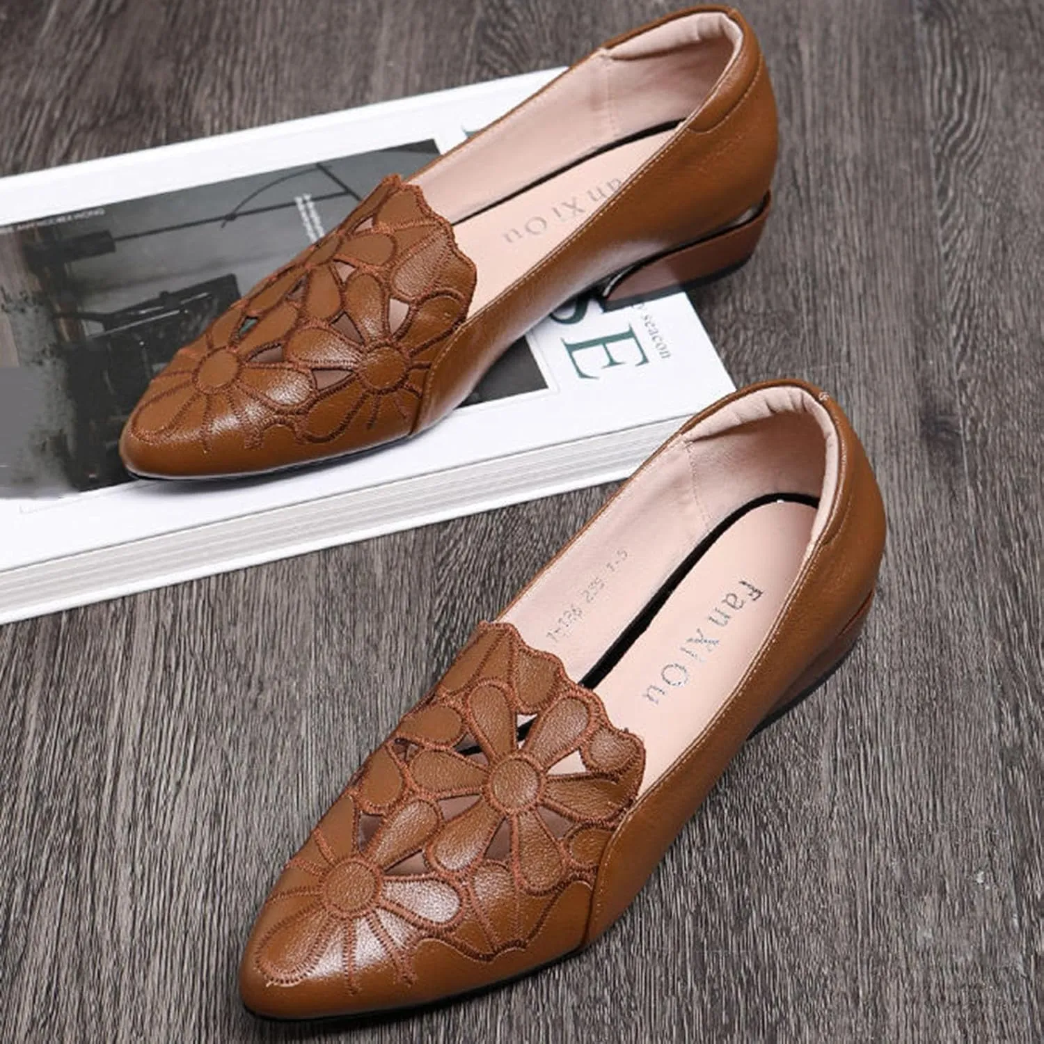 Loafers for Women Low Chunky Heels Slip On Business Casual Shoes Flower Hollow Pointed Toe Flats for Driving Dressy