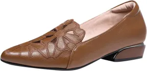 Loafers for Women Low Chunky Heels Slip On Business Casual Shoes Flower Hollow Pointed Toe Flats for Driving Dressy