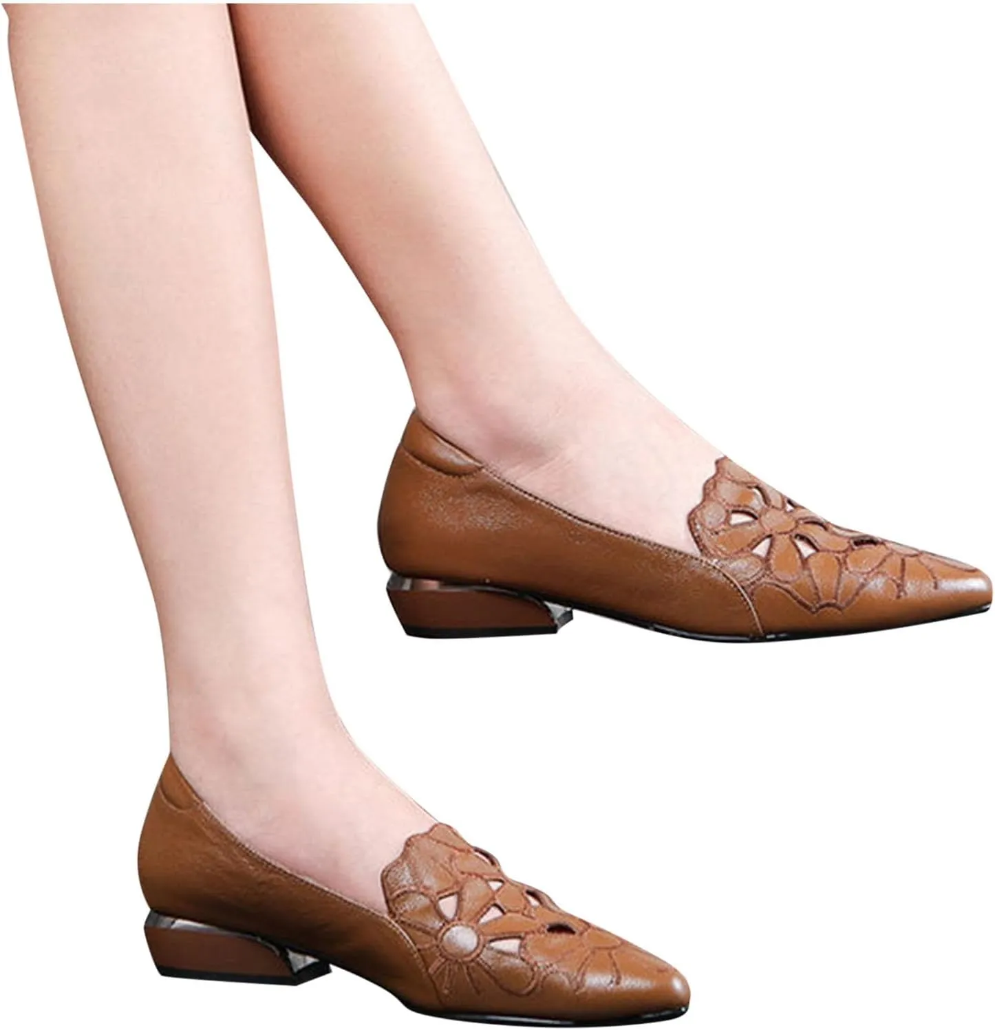 Loafers for Women Low Chunky Heels Slip On Business Casual Shoes Flower Hollow Pointed Toe Flats for Driving Dressy