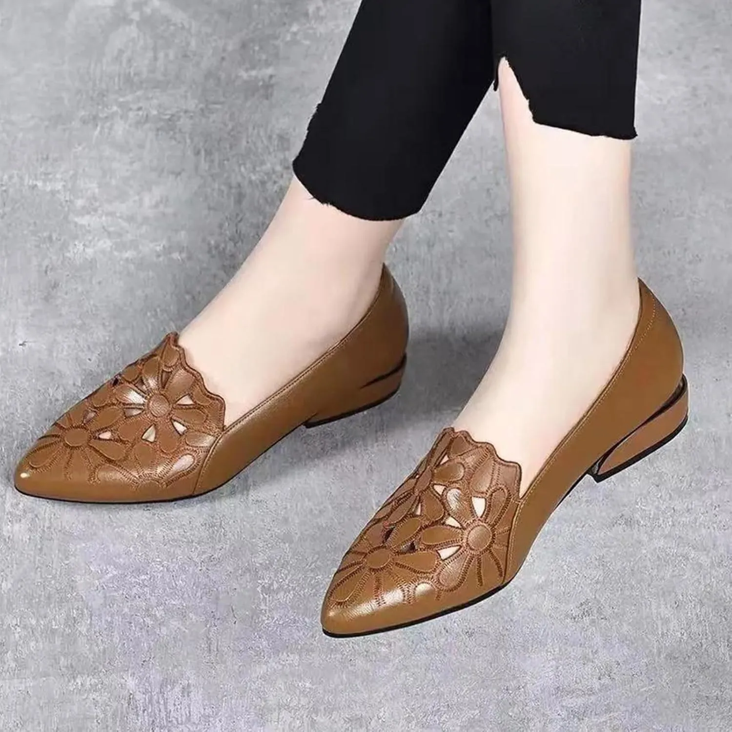 Loafers for Women Low Chunky Heels Slip On Business Casual Shoes Flower Hollow Pointed Toe Flats for Driving Dressy