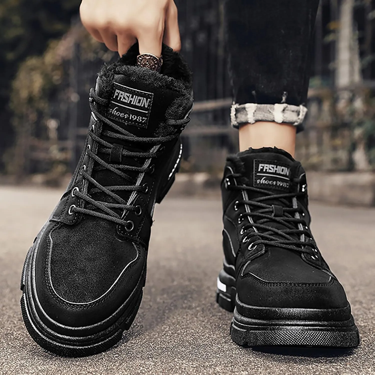 Men Work Boots with Zipper Hiking Sneakers with Warm Fur Lining Workout Shoes for Women Business Casual Platform Sneakers Lightweight Safety Hike Grounded Footwear