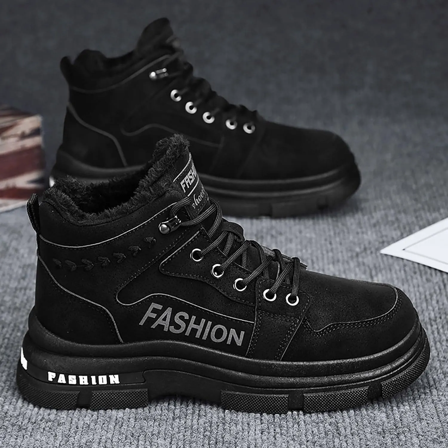 Men Work Boots with Zipper Hiking Sneakers with Warm Fur Lining Workout Shoes for Women Business Casual Platform Sneakers Lightweight Safety Hike Grounded Footwear