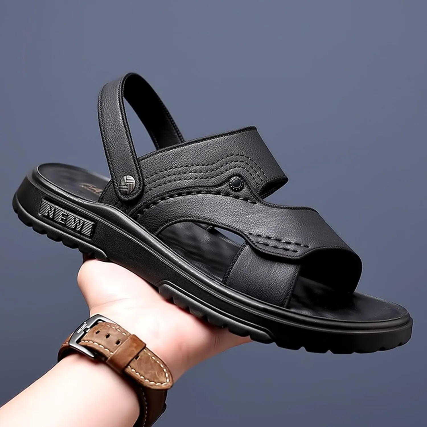 Men's Sandals Open-Toe Faux Leather Sport Outdoor Sandals Athletic Shoes Slip On Slides for Office Driving Walking