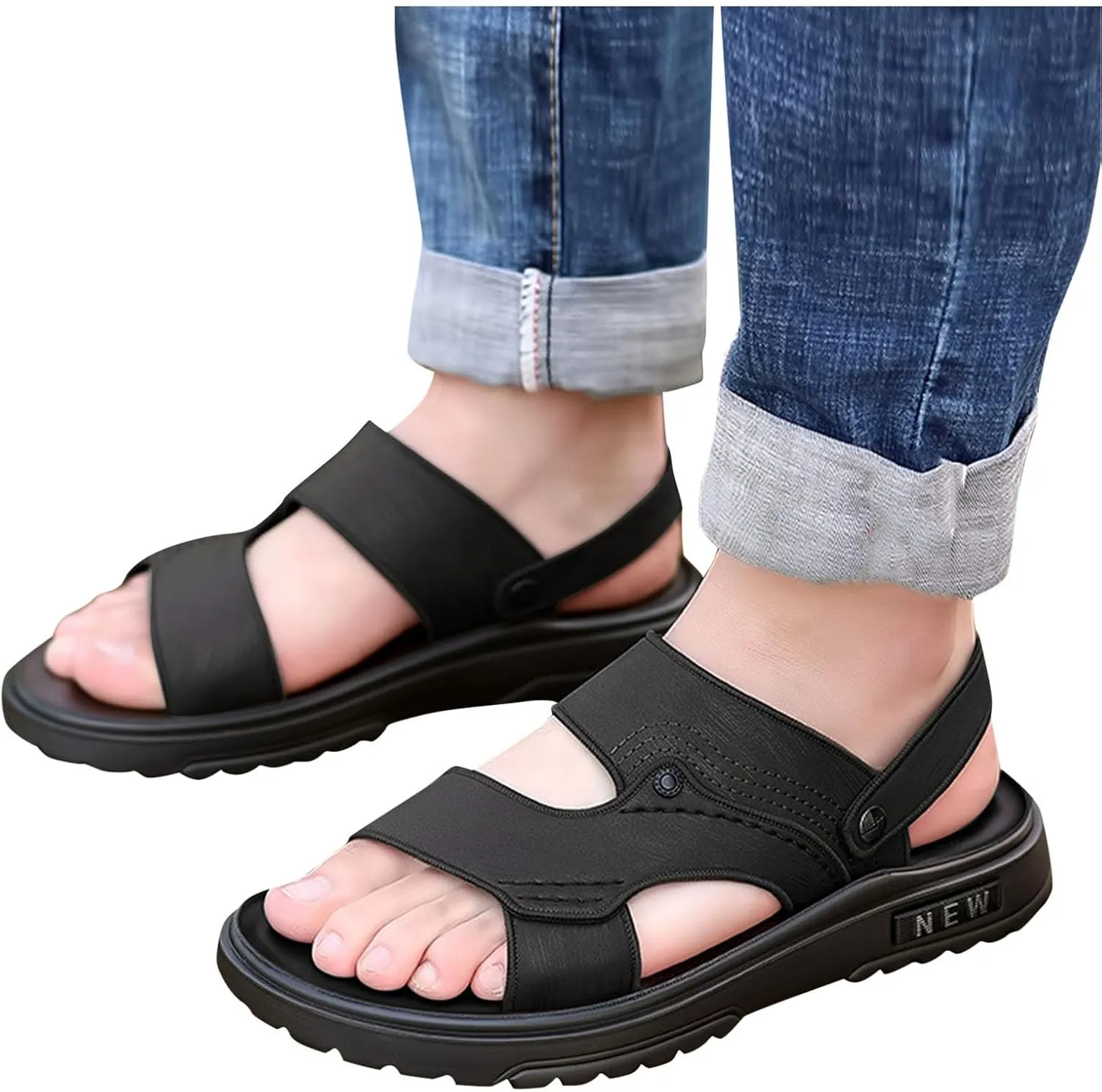 Men's Sandals Open-Toe Faux Leather Sport Outdoor Sandals Athletic Shoes Slip On Slides for Office Driving Walking